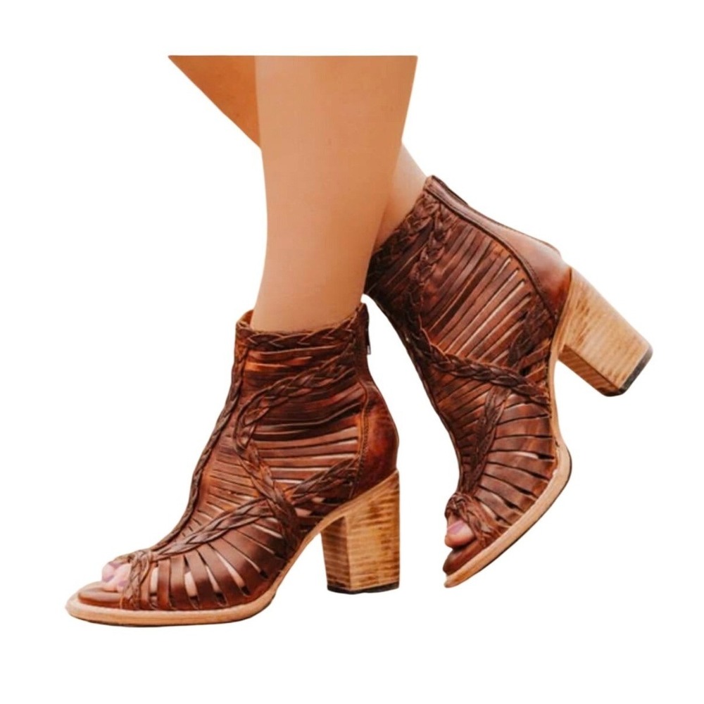 Freebird Bela Boots Womens 6 Cognac Leather Cutout Braided Peep Toe – Rare